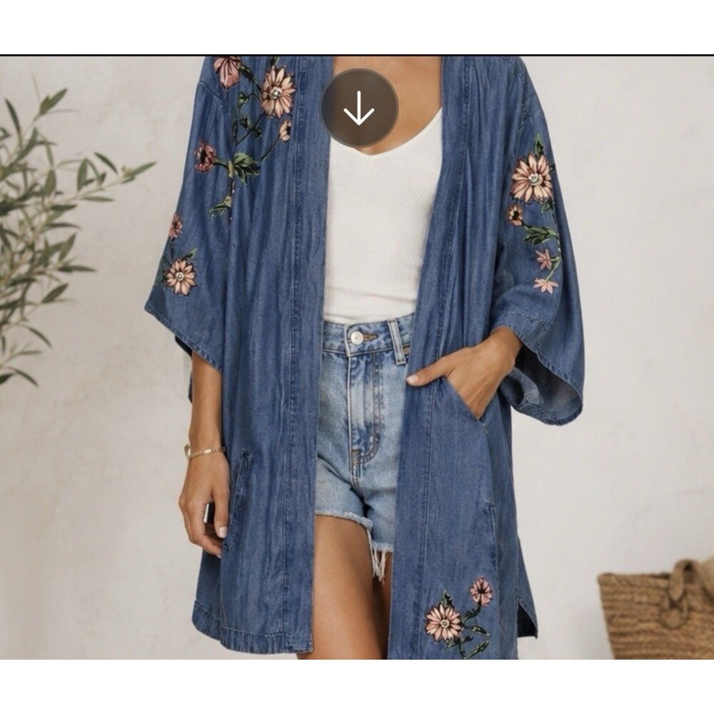 Style & Co Chambray Denim Kimono Cardigan L Open Front Embroidered Floral Boho